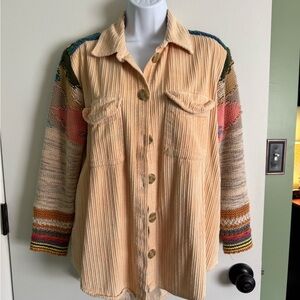 Peach Corduroy Button-Front Jacket with Multicolor Knit Sleeves